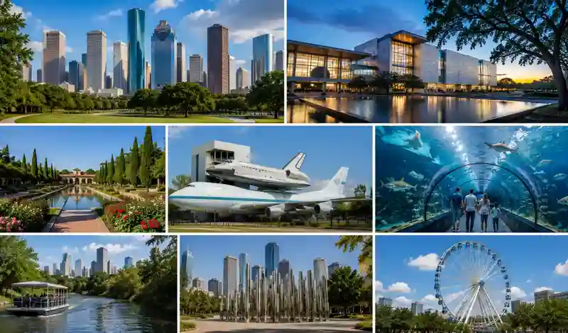 Houston's top attractions including parks, museums, Space Center Houston, skyline views, and scenic waterfront experiences.